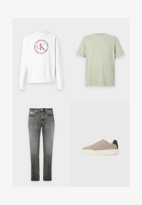 Biela mikina s dlhým rukávom a okrúhlym golierom s červeným logom CK obklopeným čiernym textom "Calvin Klein New York City Since 1968" na prednej strane.; Svetlozelené bavlnené tričko s okrúhlym výstrihom, krátkymi rukávmi a malým logom Calvin Klein v tmavšom odtieni potlačeným na hrudi.; Rovné šedé denimové džínsy s prednými vreckami, pútka na opasok, zapínanie na gombík a jemným vyblednutím.; Béžové semišové tenisky s bielou gumovou podrážkou, zdobené tmavozeleným akcentom na päte a jemným brandingom na boku.