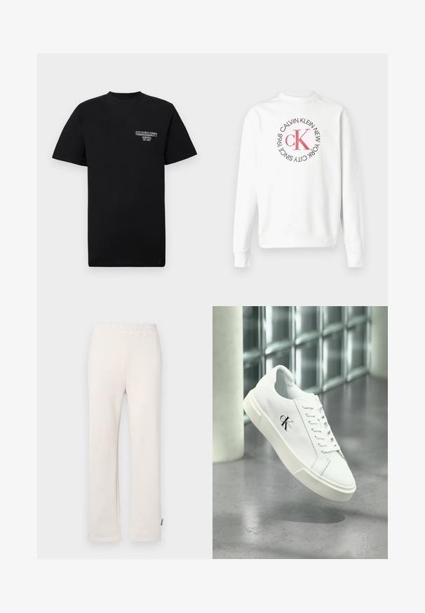 Weißes Sweatshirt mit langen Ärmeln, rundem Kragen und rotem CK-Logo, umgeben von schwarzem Text mit der Aufschrift "Calvin Klein New York City Seit 1968" auf der Vorderseite.; Schwarzes Baumwoll-T-Shirt mit kurzen Ärmeln und Rundhalsausschnitt, ausgestattet mit einem weißen Drucklogo auf der linken Brust. Glatte Textur, normale Passform.; Beige Baumwoll-Sweatpants mit elastischem Bund und besticktem Logo. Gerades Bein-Design mit glatter Textur und dezenten Nähten.; Weißer Calvin Klein Sneaker mit Schnürsenkeln, schwebend über einem polierten Betonboden und einer Glasbausteinwand im Hintergrund dargestellt.