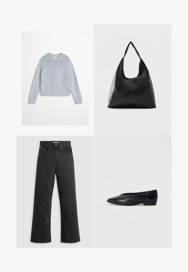 Lysegrå strikket uldtrøje med lange ærmer og ribstrikket rund halsudskæring og manchetter, vist på hvid baggrund.; Sorte denim bukser med vid ben og høj talje, fem lommer og metalknaplukning. Stoffet har en glat, let falmet tekstur.; Sorte læder flade sko med spids tå, let hævet hæl og glat overflade. Simpelt design uden synligt hardware eller mønstre.; Sort skuldertaske i glat læder med en bred, enkelt strop og et afslappet, minimalistisk design mod en ensfarvet baggrund.
