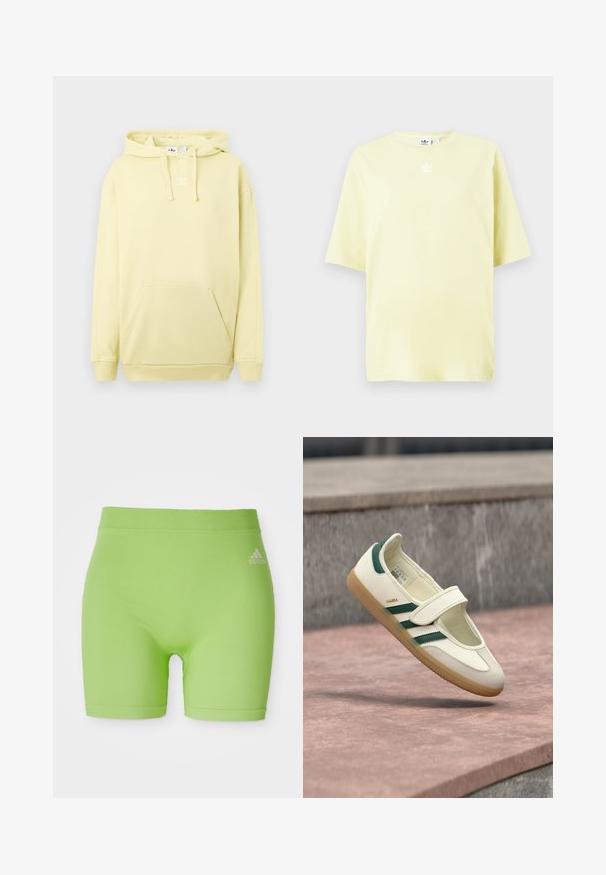 Hele kollase kapuutsiga dressipluus, millel on kängurutasku. Rinnal valge logo ning soonikkoes mansetid ja alumine äär. Pehme kangastik.; Kerge kollane Adidas t-särk lühikeste varrukatega, mille keskel, kaela lähedal, on väike valge trefoillogo.; Rohelised sportlikud lühikesed püksid, valmistatud venivast kangast, millel on keskmise kõrgusega vöökoht ja ees paremal küljel Adidas'i logo.; Valge nahast king rohelistes triipudega, ümar nina, rihmaga kinnitatud. Kummist tallaga, minimalistliku disainiga, ülemistes servades esile tõstetud õmblused.