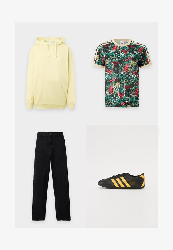 Lichtgele capuchontrui met een kangoeroezak. Voorzien van een wit logo op de borst en geribbelde boorden en zoom. Zachte stoftextuur.; Zwart Adidas T-shirt met korte mouwen en een kleurrijk bloemenpatroon, beige kraag, mouwboorden en drie beige strepen op de schouders.; Zwarte rechte broek met voorzakken, riemlussen en een knoopsluiting op een effen lichte achtergrond.; Zwarte leren sportschoen met geel drie-strepen ontwerp, ronde neus, zwarte veters en klein logo aan de zijkant. Laag profiel silhouet.