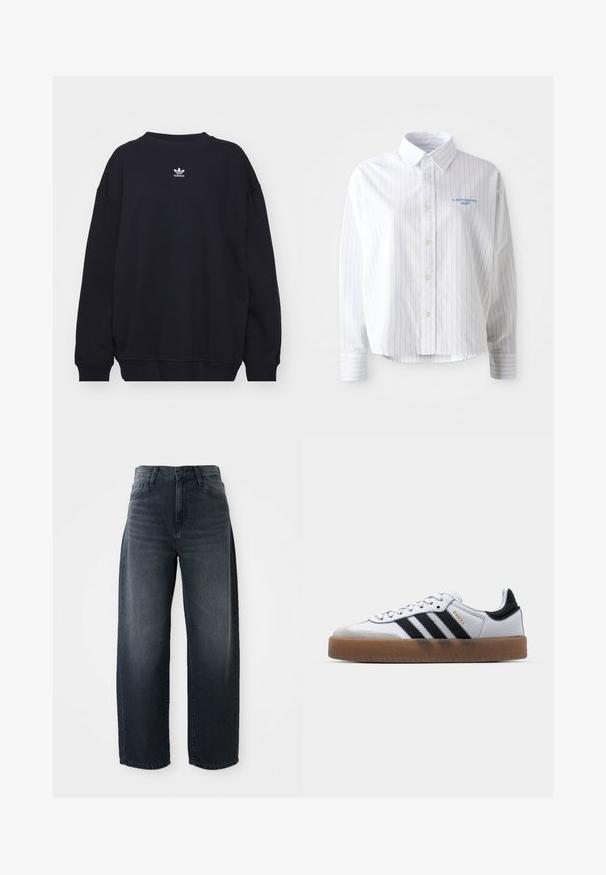 Sudadera negra de mezcla de algodón, con cuello redondo acanalado y puños, y un pequeño logo blanco de Adidas ubicado en el centro del pecho.; Camisa blanca de botones con rayas verticales en azul claro, un cuello puntiagudo y un pequeño logo azul en el lado izquierdo del pecho. Tejido de algodón, corte relajado.; Jeans de pierna ancha en denim de lavado oscuro, con una cintura alta, cierre clásico de botón y cremallera, y un ligero desvanecimiento en el frente.; Zapatillas de cuero blancas con rayas negras, suela de goma, puntera redonda, cierre de cordones y caperuza de ante gris suave.