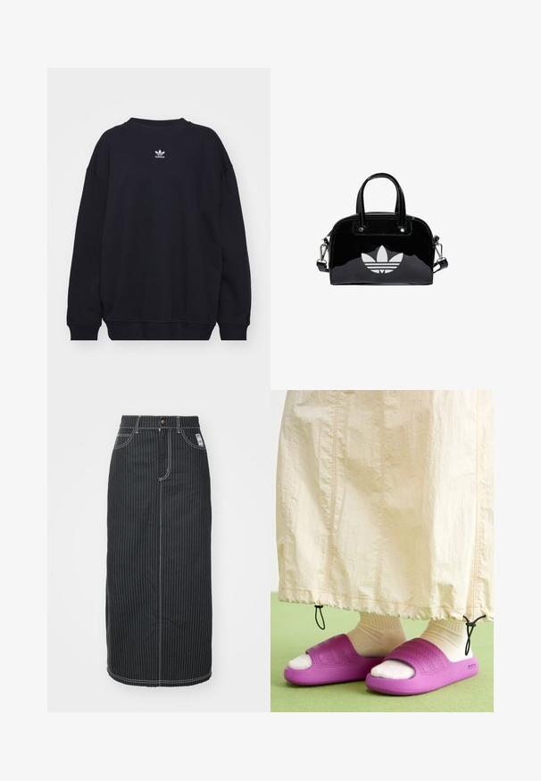 Schwarzes Sweatshirt aus Baumwollmischung, mit geripptem Rundhalsausschnitt und Bündchen, versehen mit einem kleinen weißen Adidas-Logo in der Mitte der Brust.; Schwarzer Denim-Midirock mit weißen vertikalen Streifen. Verfügt über einen Knopfverschluss, zwei Fronttaschen und kontrastierende Nähte. Gerader Schnitt.; Lila Gummischlappen mit einem strukturierten Bandsdesign, getragen über cremefarbigen Socken, kombiniert mit einem hellbeigen Rock. Grüner Boden.; Schwarze Handtasche aus Lackleder mit abgerundeter Form, doppelten Tragegriffen, silbernen Akzenten und einem auffälligen weißen Logo auf der Vorderseite.