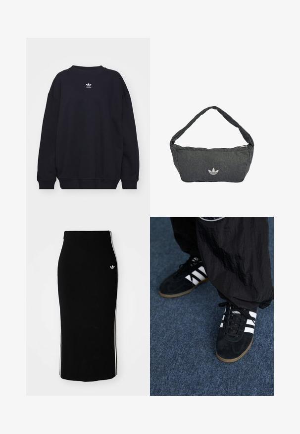 Sudadera negra de mezcla de algodón, con cuello redondo acanalado y puños, y un pequeño logo blanco de Adidas ubicado en el centro del pecho.; Falda midi negra con diseño ajustado, que presenta franjas laterales blancas y un pequeño emblema blanco en el lado izquierdo.; Zapatillas deportivas de ante negro con tres rayas blancas y cordones negros. Un pantalón negro texturizado es parcialmente visible al lado de las zapatillas.; Bolso de hombro gris oscuro hecho de tejido texturizado, con cierre de cremallera y un logo bordado en el frente. Correa larga y curva.