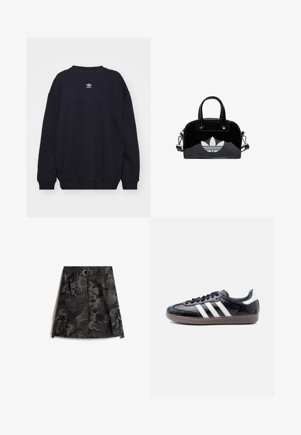 Sort sweatshirt lavet af en bomuldsblanding, med ribbet rund hals og manchetter, og et lille hvidt Adidas-logo centralt placeret på brystet.; Kamuflage nederdel i mørkegrå og sort, med en frontlynlås, bælte med sølvspænde og to cargo-lommer med ringe.; Lavprofils sort sneaker med tekstureret slangeskindsmønster, hvide striber på siden, sorte snørebånd og en gennemsigtig brun sål.; Sort patentlæder håndtaske med rund form, to top-håndtag, sølvdetaljer og en fremtrædende hvid logo på fronten.