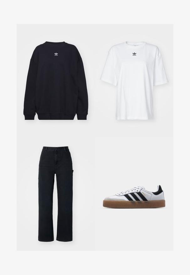 Zwarte sweatshirt gemaakt van een katoenmix, met een geribbelde ronde hals en manchetten, en een klein wit Adidas-logo centraal op de borst.; Witte korte mouwen t-shirt van katoen. Voorzien van een ronde hals en een klein zwart Adidas-logo op de borst. Rechthoekige zoom.; Zwarte denim broek met een recht gesneden ontwerp, featuring een hoge taille, standaard knoopsluiting en zijzakken.; Witte leren sneakers met zwarte strepen, gumrubberen buitenzool, ronde neus, vetersluiting en een zachte grijze suède neuskap.