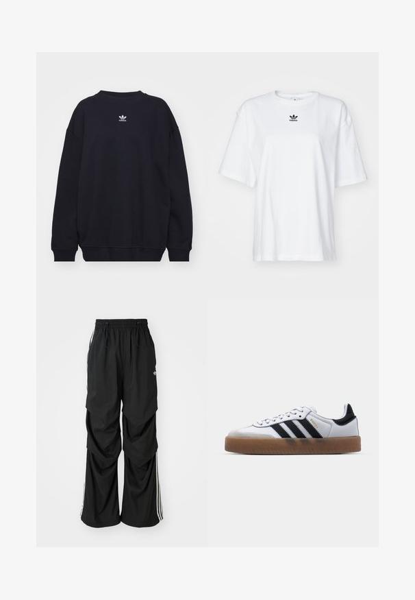 Sweat-shirt noir en mélange de coton, avec un col rond et des poignets côtelés, arborant un petit logo Adidas blanc situé au centre de la poitrine.; T-shirt blanc à manches courtes en coton. Avec un col rond et un petit logo Adidas noir sur la poitrine. Ourlet droit.; Pantalons noirs amples avec une taille élastique, cordon de serrage et rayures blanches sur les côtés ; fabriqués en tissu léger avec une texture lisse.; Baskets en cuir blanc avec des rayures noires, semelle extérieure en caoutchouc beige, bout rond, fermeture lacée et embout en suède gris doux.