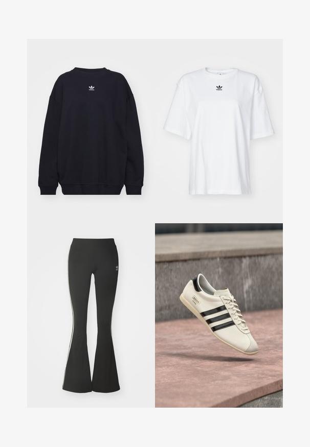 Sudadera negra de mezcla de algodón, con cuello redondo acanalado y puños, y un pequeño logo blanco de Adidas ubicado en el centro del pecho.; Camiseta blanca de manga corta hecha de algodón. Cuenta con un cuello redondo y un pequeño logo negro de Adidas en el pecho. Dobladillo recto.; Leggings acampanados negros de tejido elástico, con una cintura alta y rayas laterales blancas. Incluye un pequeño logo en la cintura.; Zapatilla blanca de Adidas con rayas negras y suela beige, flotando sobre una superficie de concreto rosada y un fondo de piedra gris.