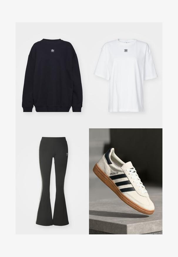 Sudadera negra de mezcla de algodón, con cuello redondo acanalado y puños, y un pequeño logo blanco de Adidas ubicado en el centro del pecho.; Camiseta blanca de manga corta hecha de algodón. Cuenta con un cuello redondo y un pequeño logo negro de Adidas en el pecho. Dobladillo recto.; Leggings acampanados negros de tejido elástico, con una cintura alta y rayas laterales blancas. Incluye un pequeño logo en la cintura.; Zapatilla de ante blanca con franjas en azul marino, suela de goma, parte superior texturizada, puntera redonda y cordones; presenta una marca en el lateral y en la lengüeta.