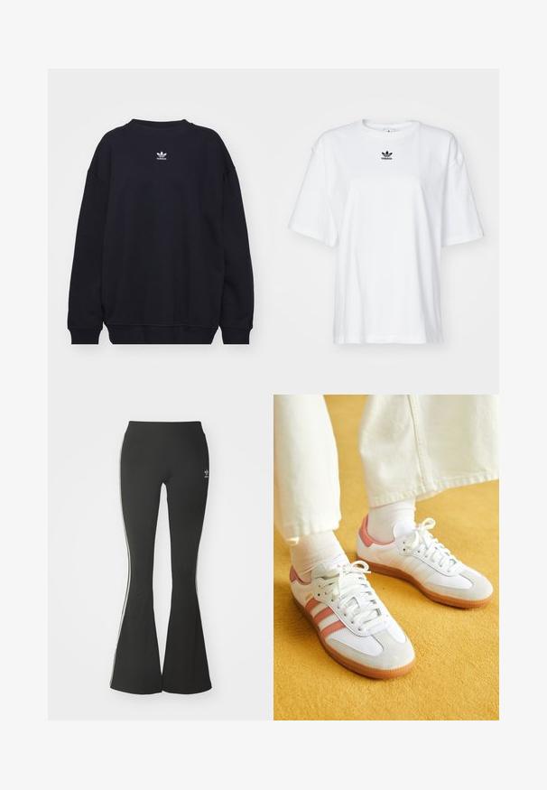 Sudadera negra de mezcla de algodón, con cuello redondo acanalado y puños, y un pequeño logo blanco de Adidas ubicado en el centro del pecho.; Camiseta blanca de manga corta hecha de algodón. Cuenta con un cuello redondo y un pequeño logo negro de Adidas en el pecho. Dobladillo recto.; Leggings acampanados negros de tejido elástico, con una cintura alta y rayas laterales blancas. Incluye un pequeño logo en la cintura.; Zapatillas deportivas blancas con acentos en rosa, materiales de ante y cuero, punta redonda y suela de goma, mostradas con calcetines de color claro sobre un fondo amarillo.