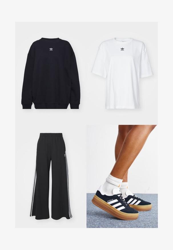 Zwarte sweatshirt gemaakt van een katoenmix, met een geribbelde ronde hals en manchetten, en een klein wit Adidas-logo centraal op de borst.; Witte korte mouwen t-shirt van katoen. Voorzien van een ronde hals en een klein zwart Adidas-logo op de borst. Rechthoekige zoom.; Zwarte broek met wijde pijpen en een elastische tailleband, met drie witte strepen langs de buitenkant en een klein logo aan de voorkant.; Ben met witte sokken en zwarte Adidas Gazelle sneakers met witte strepen en dikke bruine zolen op een grijs tapijt.