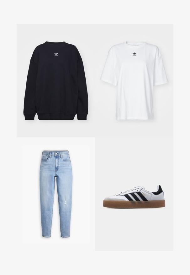 Sudadera negra de mezcla de algodón, con cuello redondo acanalado y puños, y un pequeño logo blanco de Adidas ubicado en el centro del pecho.; Camiseta blanca de manga corta hecha de algodón. Cuenta con un cuello redondo y un pequeño logo negro de Adidas en el pecho. Dobladillo recto.; Jeans de tiro alto azul claro hechos de denim, con pierna recta, un ligero desgaste y una pequeña área desgastada en el muslo derecho.; Zapatillas de cuero blancas con rayas negras, suela de goma, puntera redonda, cierre de cordones y caperuza de ante gris suave.