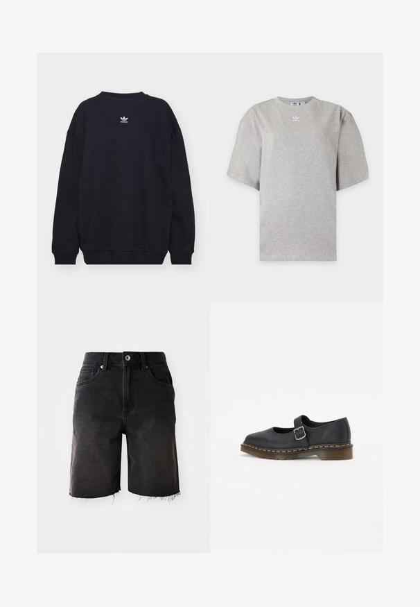 Zwarte sweatshirt gemaakt van een katoenmix, met een geribbelde ronde hals en manchetten, en een klein wit Adidas-logo centraal op de borst.; Lichtgrijs Adidas T-shirt met korte mouwen, ronde hals en klein wit Adidas-logo op de borst, weergegeven op een effen achtergrond.; Zwarte denim shorts met een vervaagde wassing, rafelig zoom, klassieke vijf-pocket ontwerp en een enkele knoopsluiting. Dikke stiksels accentueren het geheel.; Zwarte leren Mary Jane schoenen met een ronde neus, verstelbare gesp, gele stiksels en een stevige bruine rubberen zool.