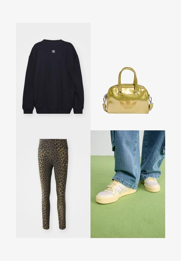 Čierna mikina vyrobená z bavlneného zmesi, s rebrovaným okrajom krku a manžetami, so malým bielym logom Adidas umiestneným centrálně na hrudi.; Legíny s leopardím vzorom s vysokým pásom, elastickou tkaninou a čiernymi akcentmi na svetlohnedom podklade, navrhnuté pre pohodlie a prispôsobenie.; Tenisky s krémovým zvrškom a štruktúrovanou gumovou podrážkou, s dierkovanými detailmi a vrstvenými akcentmi v svetlomodrej a béžovej farbe.; Zlatá metalická kabelka s dvojitými hornými uchami, zipsom na uzatváranie a odnímateľným ramenným popruhom. Obsahuje embosované logo na prednej strane a hladký povrch.