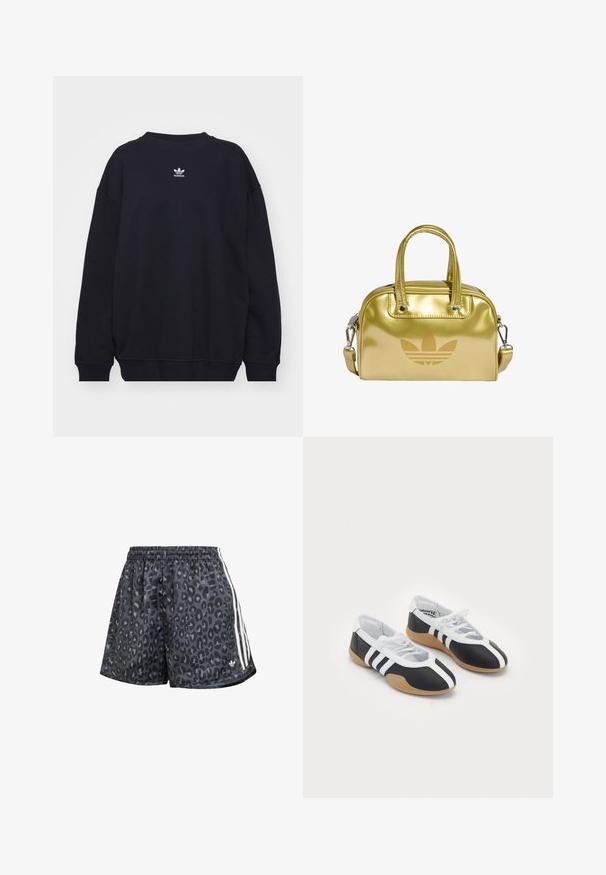 Schwarzes Sweatshirt aus Baumwollmischung, mit geripptem Rundhalsausschnitt und Bündchen, versehen mit einem kleinen weißen Adidas-Logo in der Mitte der Brust.; Schwarze Shorts mit einem Leopardenmuster, elastischem Bund und drei weißen vertikalen Streifen an den Seiten.; Schwarz-weiße Sportschuhe mit einem eleganten Design, Gummisohle, Schnürverschluss und drei weißen Streifen an den Seiten.; Goldfarbene Metallic-Handtasche mit doppelten oberen Tragegriffen, Reißverschluss und abnehmbarem Schulterriemen. Mit eingeprägtem Logo auf der Vorderseite und glatter Textur.
