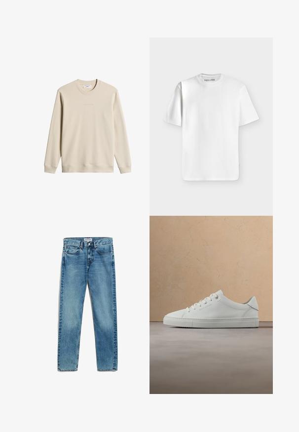 Beige longsleeve trui met ronde hals, geribbelde manchetten en zoom, met subtiele tekstbranding op de borst en een stoffen label aan de binnenkant van de kraag.; Effen wit T-shirt met korte mouwen en een ronde hals, plat liggend op een lichtgrijze achtergrond met een klein merkje aan de binnenkant van de halslijn.; Lichtblauwe spijkerbroek met een rechte snit, voorzien van vijf zakken, een ritsluiting en subtiele vervaging op de stof. Metaal knoopsluiting.; Witte leren lage sneaker met veters, zwevend boven een beige vloerkleed met textuur, vlakbij een ronde houten salontafel met boeken.