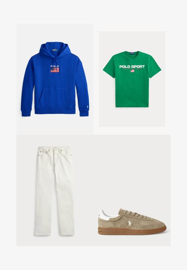 Sininen puuvillainen huppari, jossa edessä vetoketjullinen tasku, kiristysnyörit hupussa ja rintakehällä kirjailtu "POLO"-logo lipputematiikan yläpuolella.; Vihreä puuvillainen t-paita, jossa on paksulla valkoisella ja punaisella tekstillä "POLO SPORT RALPH LAUREN" ja tekstin alla pieni amerikkalaisen lipun kuva.; Valkoiset farkut suoraa leikkausta, joissa on viisi taskua, metallinapit ja ompeluakkentit saumoissa. Sileä kangas.; Suede lenkkarit vaaleanruskeana, joissa on valkoisia yksityiskohtia, pyöreä kärki ja nauhakiinnitys. Varustettu kohokuvioidulla logolla ja kumipohjalla pidon parantamiseksi.