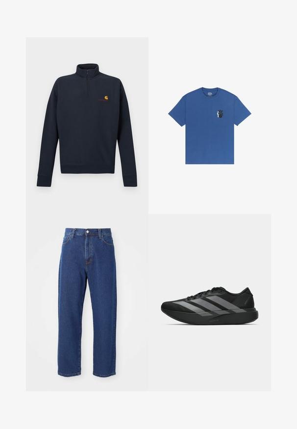 Polaire bleu marine à enfiler avec un col demi-fermeture éclair, arborant un petit logo jaune et rouge sur la poitrine et des poignets côtelés aux manches.; T-shirt bleu à manches courtes avec un petit motif de plante noire et le texte blanc "RVCA" sur le côté gauche de la poitrine.; Jeans en denim taille haute de couleur bleue, avec une coupe droite, des coutures visibles et une fermeture à bouton à l'avant.; Chaussures de sport noires au design léger, présentant trois rayures grises marquées, une texture lisse et une semelle profilée.