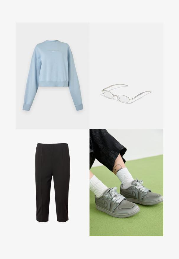 Sweat-shirt court bleu clair à manches longues avec petit logo Nike Swoosh centré sur la poitrine.; Pantalons courts noirs en tissu lisse, avec un design ajusté comprenant des plis avant et une coupe droite. Pas de poches visibles ni d'ornements.; Jordan AIR JORDAN 1 LOW METHOD OF MAKE - Baskets basses - medium grey; Lunettes ovales avec une monture métallique argentée, verres transparents et accents de branches texturées avec perles. Design léger avec des branches courbées.