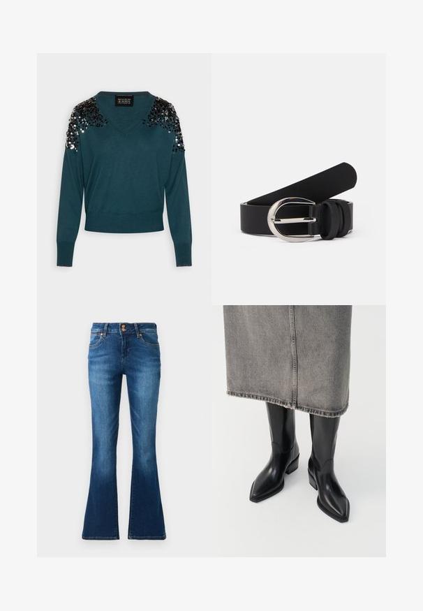 Tyrkis sweater med V-hals, lange ærmer og pailletdetaljer på skuldrene. Blødt materiale og tætsiddende kant. Mærkeflag synligt.; Blå denim flared jeans med forlommer, bæltestropper og dobbelt knaplukning vist på en ensfarvet baggrund.; Sorte læder cowboy støvler med spids tå og kraftig hæl, der har en glat finish og slankt design, parret med en grå nederdel.; Sort læderbælte med en glat overflade, der har en sølvfarvet metalspænde og enkle løb-accenter. Designet er elegant og minimalistisk.