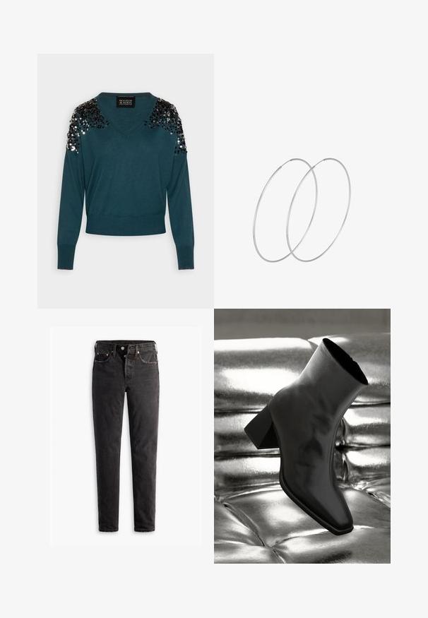 Teal Pullover mit V-Ausschnitt, langen Ärmeln und Paillettenverzierungen auf den Schultern. Weiche Textur und taillierter Saum. Markenlabel sichtbar.; Schwarze Jeans aus Denim mit geradem Bein, fünf Taschen, kupferfarbenen Beschlägen und einer leicht ausgebleichten Textur.; Schwarzer Knöchelstiefel aus glänzendem Material mit quadratischer Zehenform und verjüngtem Absatz, vor einem glänzenden silbernen gepolsterten Hintergrund.; Silberne Creolen mit minimalistischem Design. Rundform, glatte Oberfläche und dünnes Profil. Leichtgewichtig mit hochglänzender Oberfläche.