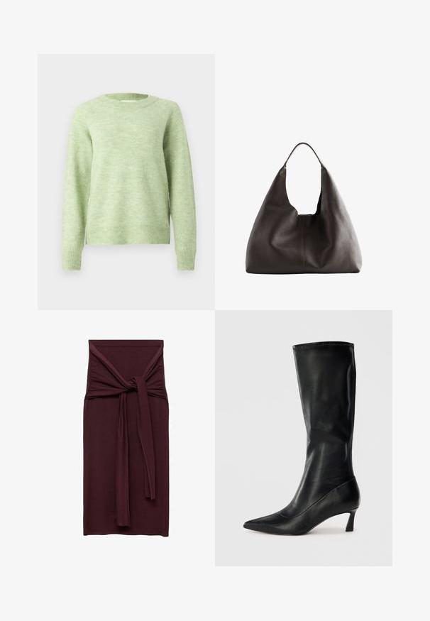 Lysegrøn trøje lavet af blødt, tekstureret stof; har rund hals, lange ærmer og ribbede kanter for en behagelig pasform.; Bordeauxkjole med en knyttet detalje i taljen, lavet af et glat, strækbart stof. Fittet silhuet med lige længde.; Sorte læderknæhøje støvler med spidse tæer og en modest hæl. Glat tekstur og slankt design med subtile syninger.; Stor, slaskede hobo-taske i mørkebrun tekstureret læder med en enkelt, bred skulderrem og design med åben top.