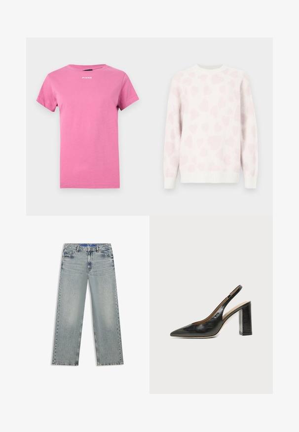 Pull blanc à la texture douce, arborant un motif de cœur rose. Col rond et poignets côtelés mettent en valeur le design.; T-shirt rose vif à manches courtes avec encolure ronde et petit logo blanc "PINKO" centré près du col.; Jean large bleu clair en denim, avec des zones délavées, cinq poches et une ceinture bleue à logo.; Chaussure slingback en cuir noir à bout pointu avec un talon bloc haut et une doublure intérieure beige sur un fond clair uni.