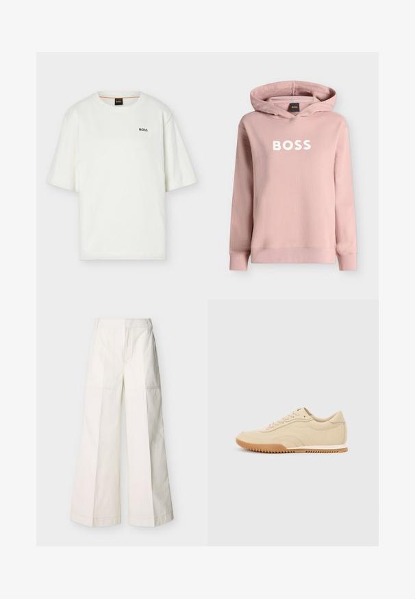 Sweat à capuche rose clair avec le mot BOSS imprimé en blanc sur le devant, avec une capuche et des manches longues avec des poignets côtelés.; T-shirt blanc à manches courtes et col rond avec petit logo noir "BOSS" sur le côté gauche de la poitrine et étiquette noire à l'intérieur du col.; Pantalon à jambes larges en coton blanc, avec poches avant et coutures détaillées. Texture lisse avec un design épuré et minimaliste.; Baskets en cuir beige avec une silhouette basse, des surfaces texturées et une semelle en caoutchouc gomme présentant un motif en zigzag pour une meilleure adhérence.
