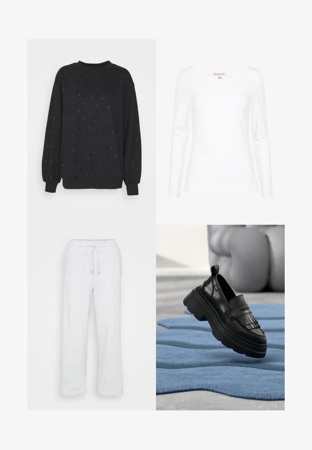 Gina Tricot Sweater - offblack; Anna Field Longsleeve - white; Lichtgrijze katoenen trainingsbroeken met een elastische tailleband en een trekkoord, rechte pijpen, zonder zichtbare logo's of patronen.; Zwarte leren instapschoen met franjes, dikke zool en een textuurrijke afwerking, geplaatst op een blauw gestructureerd tapijt.