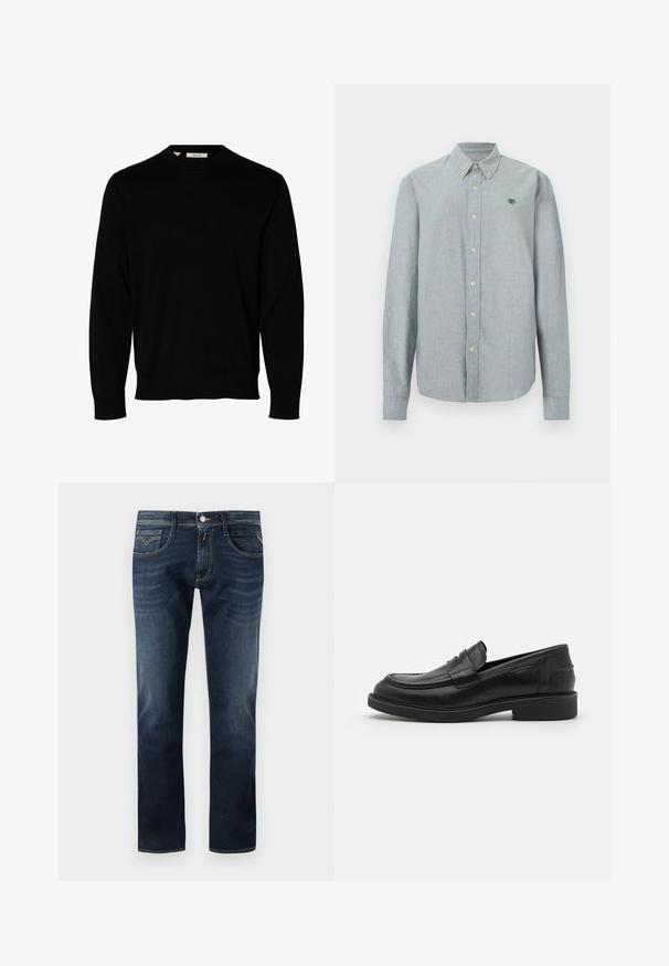 Pull noir uni à manches longues avec col rond, poignets et ourlet côtelés, présenté sur fond blanc.; Chemise gris clair à manches longues avec col et petit logo vert sur la poitrine gauche, présentée sur un fond uni.; Jeans en denim bleu foncé avec un design classique à jambe droite, comprenant cinq poches, une fermeture par bouton à l'avant et des détails de couture discrets.; Mocassins en cuir noir avec un bout arrondi, des coutures ton sur ton et un détail de sangle à l'avant. Semelle en caoutchouc avec un petit talon.