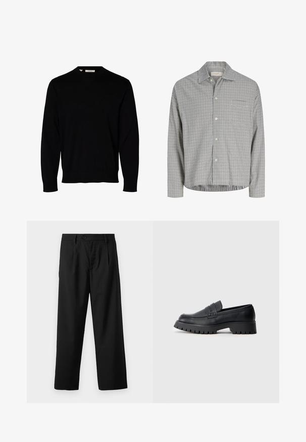 Simpel sort langærmet sweater med rund hals og ribkant ved ærmer og bund, vist på hvid baggrund.; Hvid langærmet skjorte med knapper og sort ternet mønster og spids krave, lagt fladt på en lys baggrund.; Sorte bukser med lige pasform, der har en enkelt knaplukning, to for-lommer og en glat, let stofstruktur.; Sorte læder loafers med en rund tå, prydet med en dekorativ rem og en kraftig gummisål med dybe riller for grip.