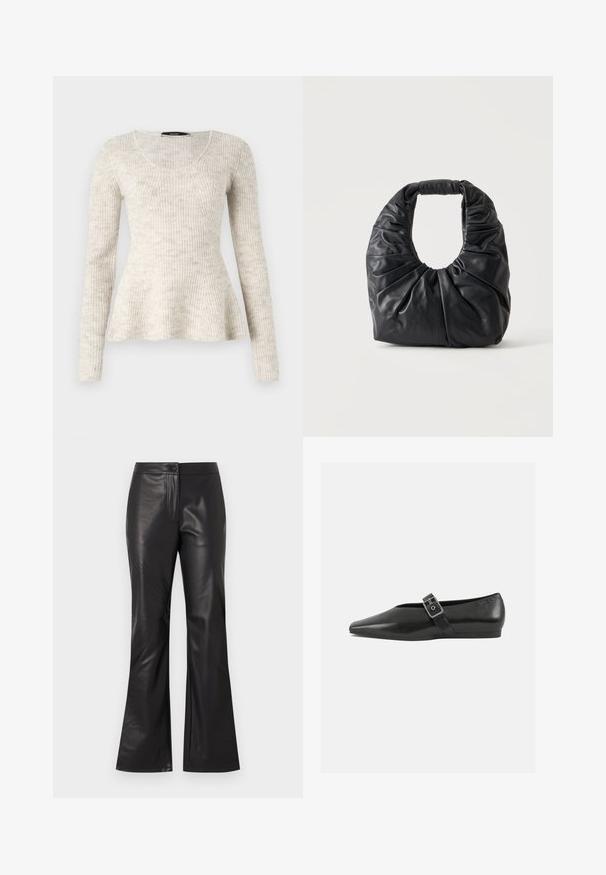 Pull long en maille beige clair à manches longues avec une texture côtelée, un décolleté en forma de scoop et un ourlet évasé. Fabriqué en tissu tricoté doux.; Pantalons évasés en cuir noir avec une texture lisse, dotés d'une fermeture éclair avant et d'un bouton. Le design est ajusté au niveau des hanches, s'évasant au niveau de l'ourlet.; Chaussure plate en cuir noir avec un orteil pointu, présentant une sangle à boucle métallique sur le cou-de-pied et une semelle basse et flexible.; Sac à épaule en cuir souple noir avec des plis froncés et une poignée arrondie, debout sur un fond clair uni.