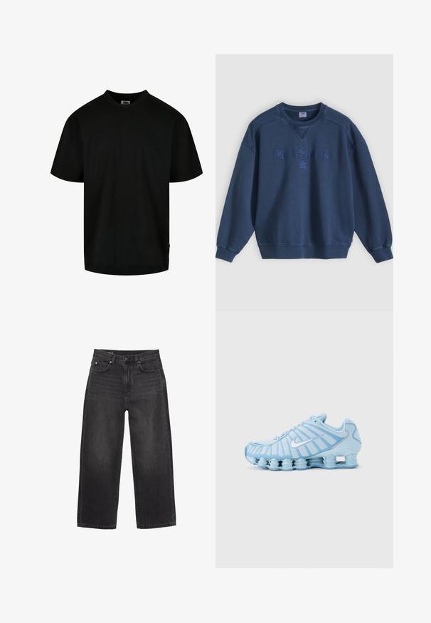 Marineblauer Pullover mit geripptem Halsausschnitt und Bündchen. Mit besticktem "Levi Strauss"-Logo auf der Vorderseite. Material aus Baumwollmischung, entspannte Passform.; Schwarzes T-Shirt aus Baumwolle, mit Rundhalsausschnitt und kurzen Ärmeln in lockerer Passform. Einfaches Design, ohne Muster oder Grafiken.; Schwarze Jeans mit weitem Bein aus Denim mit glatter Textur, ausgestattet mit einem Hosenschlitz mit Knöpfen, zwei Vordertaschen und gesteppten Details.; Hellblauer Sportschuh mit weißem Nike-Swoosh, charakteristischer segmentierter Stoßdämpfungssohle und gestreiftem Mesh-Obermaterial.