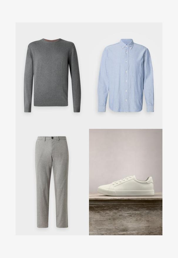TOM TAILOR BASIC CREWNECK - Svetrík - classic dark grey melange; Košeľa na gombíky v svetlo modrej farbe s bielymi pruhmi, s klasickým golierom a dlhými rukávmi. Vyrobená z tkaniny s hladkou textúrou.; Sivé imitované nohavice so strihom do rovna, vybavené gombíkovým zapínaním a pútkami na opasok; hladká textúra a ľahký materiál pre voľnočasové nosenie.; Biele šnurovacie tenisky sa vznášajú nad drevenou lavicou so zeleným porastom v pozadí, predvádzajúc design a textúru topánok.
