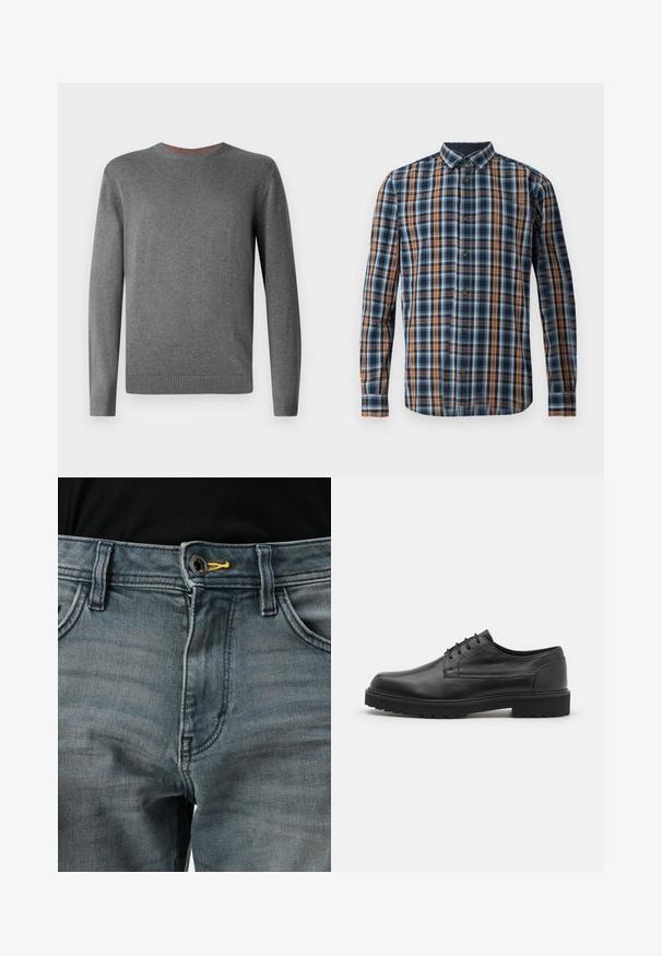 TOM TAILOR BASIC CREWNECK - Pullover - classic dark grey melange; TOM TAILOR CHECKED - Chemise - navy blue; Jean en denim bleu délavé avec une fermeture à bouton, accent jaune à la taille et design classique à cinq poches. La texture semble douce et usée.; Chaussure en cuir noir avec un bout arrondi, finition lisse et coutures minimales. Dispose d'un système de laçage et d'une semelle en caoutchouc épaisse et texturée.