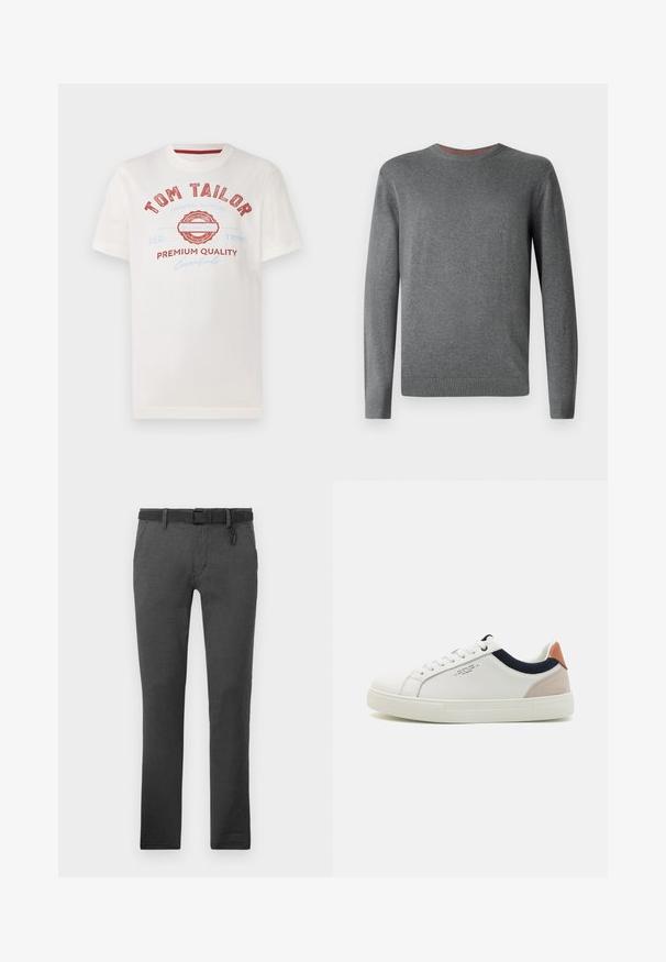 TOM TAILOR BASIC CREWNECK - Strickpullover - classic dark grey melange; Weißes Baumwoll-T-Shirt mit rot-blauer Druckgrafik, das "TOM TAILOR" zeigt, ein rundes Logo und den Text "PREMIUM QUALITY" in verschiedenen Schriftarten.; Dunkelgraue Hose aus strukturiertem Stoff, mit einem schwarzen Gürtel, Gürtelschlaufen und zwei seitlichen Taschen. Gerades Bein Design, keine sichtbaren Muster.; Weiße Leder-Sneaker mit einem Low-Top-Design, marineblauem Stoffakzent am Kragen und einem hellrosa Wildleder-Hackenteil. Gummisohle.
