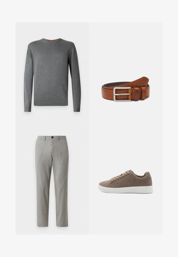 TOM TAILOR BASIC CREWNECK - Jersey de punto - classic dark grey melange; Pantalones grises de tejido entrelazado con corte recto, con cierre de botón y cinturillas; textura suave y tela ligera para uso casual.; Zapatillas de ante marrón con suelas de goma blanca planas, diseño de cordones, punta redondeada y una textura suave. Estilo minimalista con sutiles detalles de costura.; Cinturón de cuero marrón con textura suave, hebilla de metal plateado, bordes cosidos y detalle de bucle, con un extremo afilado.