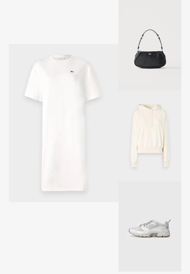 Sudadera cremosa con bolsillo canguro en la parte frontal, capucha con cordón, puños acanalados y un pequeño parche con el logo en el pecho. Textura de tela suave.; Vestido blanco de camiseta hecho de algodón, con cuello redondo, mangas cortas y un pequeño logo verde en el pecho. Silueta simple y recta.; Zapatillas de running en malla blanca con acentos metálicos, revestimientos texturizados y una suela gruesa. Cuenta con un sistema de cordones en la parte delantera y una tira de agarre en la parte trasera.; Bolso de hombro negro con correa ajustable, cierre de cremallera y pequeño logo plateado de cocodrilo en el centro delantero.