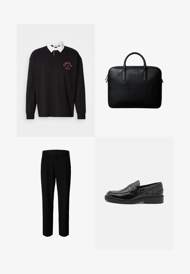 Schwarzes langärmliges Poloshirt mit einem weißen Kragen, das ein kleines rotes Logo auf der Brust aufgedruckt hat und über einen klassischen Knopfausschnitt verfügt.; Schwarze formelle Hose mit Gürtelschlaufen, Frontknopf und Reißverschluss, vor weißem Hintergrund dargestellt.; Schwarze Lederloafers mit glatter Oberfläche, abgerundetem Zehenbereich, niedrigem Absatz und dekorativer Naht entlang der Vorderseite. Gummisohle für guten Halt.; Schwarze strukturierte Lederaktentasche mit zwei Griffen und silbernen Reißverschlussanhängern, zentriert auf weißem Hintergrund.