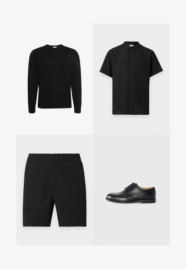 Pull noir à manches longues col rond avec un tissu subtilement texturé et un petit logo brodé sur la poitrine gauche.; Chemise noire à manches courtes avec col et une seule poche poitrine, affichée sur un fond clair uni.; Shorts mi-longs pour hommes noirs avec taille élastique, fermeture par bouton et poches latérales, présentés sur un fond uni.; Calvin Klein ESS DERBY - Derbies - triple black