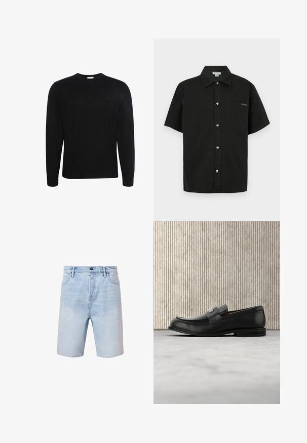 Sort langærmet bluse med rund hals og subtilt tekstureret stof samt lille broderet logo på venstre bryst.; Sort kortærmet shirt lavet af bomuld, med knaplukning foran, en enkelt brystlomme og et lille logo nær lommen.; Lyseblå denimshorts med regular fit, fem-lomme design og knaplukning. Har subtilt slid og syet kant.; Sort læderloafer med metalbrandskilt hvilende nær et brunt rundt bord på beige tæppe.