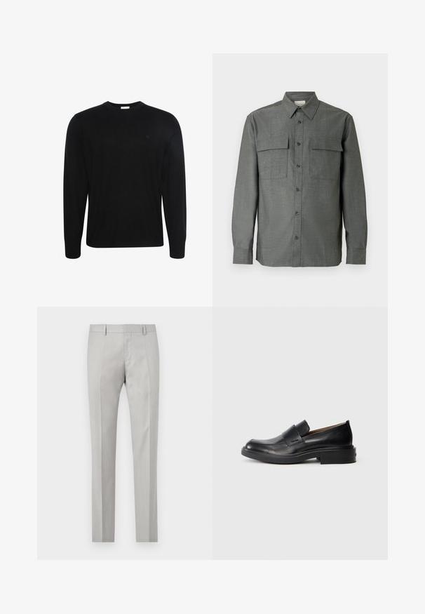 Jersey negro de manga larga con cuello redondo, tela con textura sutil y pequeño logo bordado en el pecho izquierdo.; Camisa gris abotonada con cuello estructurado, dos bolsillos en el pecho y mangas largas con puños abotonados; acabado de tela texturizada.; Pantalones ajustados de color gris claro con una textura suave, frente plano y dos bolsillos laterales. Presentan piernas rectas y detalles de pliegue sutiles.; Zapato de vestir negro de cuero sin cordones con tacón bajo y un sutil logo de Calvin Klein en el lateral, mostrado en perfil sobre un fondo blanco.
