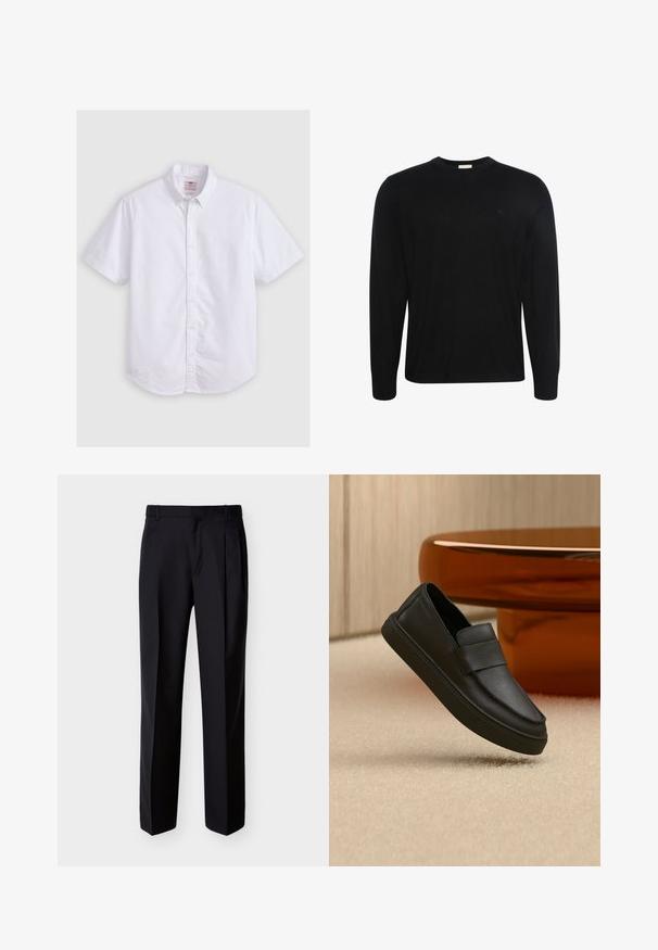 Pull noir à manches longues col rond avec un tissu subtilement texturé et un petit logo brodé sur la poitrine gauche.; Chemise blanche à manches courtes en coton, avec col button-down, texture subtile, ourlet incurvé et fermeture à boutons traditionnelle.; Pantalon noir ajusté à coupe droite, avec un devant plissé et des poches latérales. Confectionné dans un tissu lisse et léger à motif uni.; Mocassin en cuir noir à enfiler avec une bride sur le dessus, positionné sur un tapis beige et une table ronde marron.