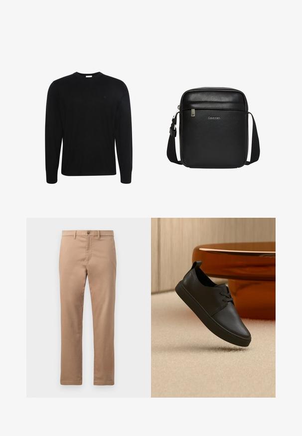 Pull noir à manches longues col rond avec un tissu subtilement texturé et un petit logo brodé sur la poitrine gauche.; Chinos beige en coton avec une texture lisse, dotés d'une fermeture éclair et d'un bouton. Design à jambe droite, sans motifs ni accents visibles.; Baskets décontractées en cuir noir avec lacets, flottant au-dessus d'un tapis beige, avec une table en verre ambré arrondie en arrière-plan.; Sac bandoulière noir Calvin Klein avec bandoulière réglable, poche avant zippée et logo discret sur surface en cuir texturé.