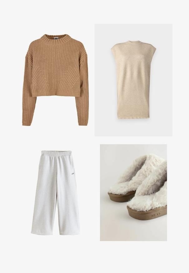 Beige kudumüts, millel on kõrge kaelus, lühike disain, pikad varrukad ja tekstureeritud muster. Omab soonikpääre ja -äär.; Beži sleeveless top kõrge kaelusega, valmistatud pehmest, tekstuuriga kangast. Omab lõdvaist ja siledat pinda.; Helehallid laia lõikega dressipüksid elastse vöökohaga, küljetaskutega ja väike must tekst "self." paremal reiel.; Pruunid platvormi sussid pehmete, paksude kreemivärvi kunstkarvadega ülemiste osadega, millel brändinimi "NEXT" on graveeritud taldmiseks.