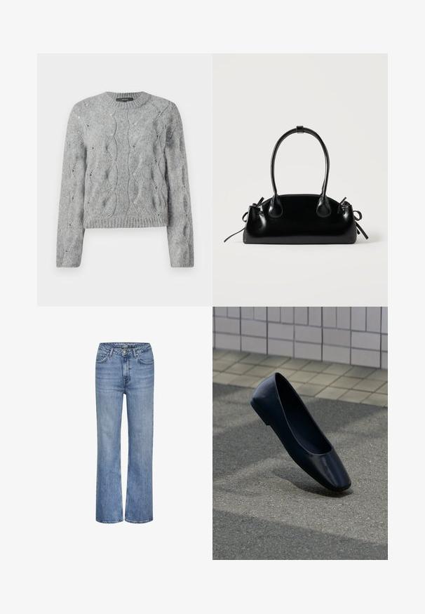 Grauer, gestrickter Pullover mit langen Ärmeln, Rundhalsausschnitt und gerippten Bündchen und Saum, auf weißem Hintergrund präsentiert.; Blaue hoch taillierte gerade Jeans aus Denim mit vorderem Knopf, Reißverschluss und Fünf-Taschen-Design.; Schwarzer flacher Lederschuh steht aufrecht auf einer Asphaltfläche nahe dem Rand eines gefliesten Bürgersteigs.; Kleine schwarze glänzende Handtasche mit zwei langen Griffen und seitlichen Kordelzug-Details vor einfachem hellem Hintergrund.