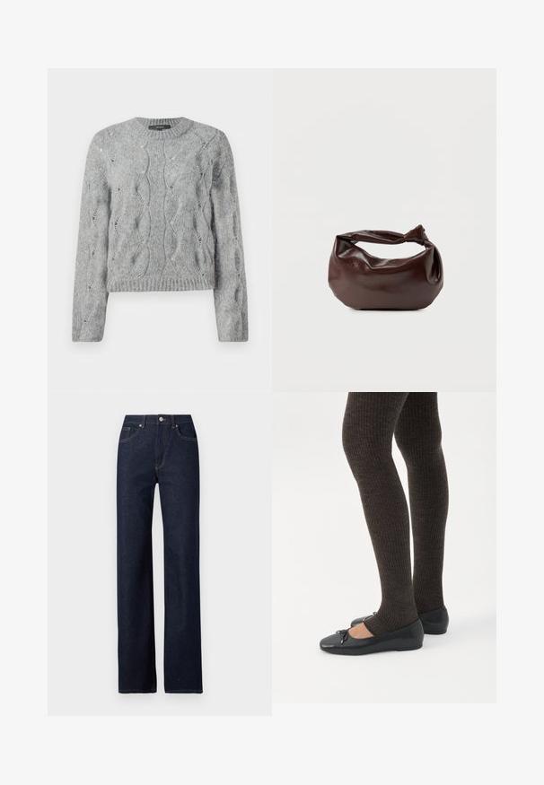 Grijze kabelgebreide trui met lange mouwen, ronde hals en geribbelde manchetten en zoom, weergegeven op een witte achtergrond.; Donkerblauwe denim jeans met een rechte pijp, klassieke vijf-pocketstijl, zichtbare stiksels en een knoopsluiting aan de voorkant.; Benen met donkere geribbelde leggings gecombineerd met zwarte ballerina's met kleine strikdetails op een witte achtergrond.; Donkerbruine leren schoudertas met een zachte, slungelige vorm en een gedraaide knoopvormige handgreep op een effen witte achtergrond.