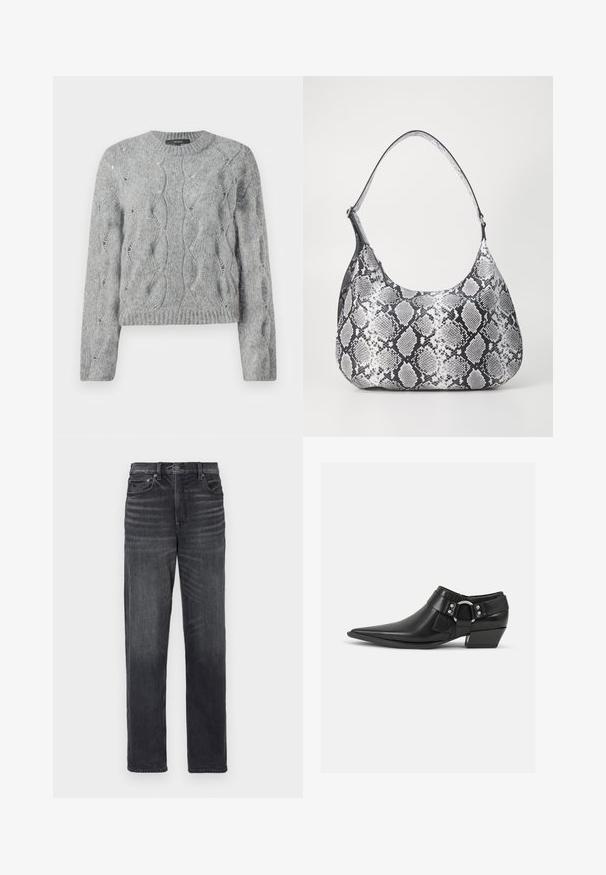 Grauer, gestrickter Pullover mit langen Ärmeln, Rundhalsausschnitt und gerippten Bündchen und Saum, auf weißem Hintergrund präsentiert.; Schwarze Jeans aus Denim mit geradem Bein, featuring Fronttaschen, einem Knopfverschluss und subtilen Verwaschungen.; Schwarze Leder-Ankle-Boots mit spitzem Zeh, ausgestattet mit einem vorderen Leder-Riemen und einem silbernen Schnallendetail sowie einem niedrigen Blockabsatz.; Schultertasche im schwarz-weißen Schlangenprint mit runder Form, glatter Textur und gebogenem Tragegurt. Mit einem silbernen Hardware-Akzent.