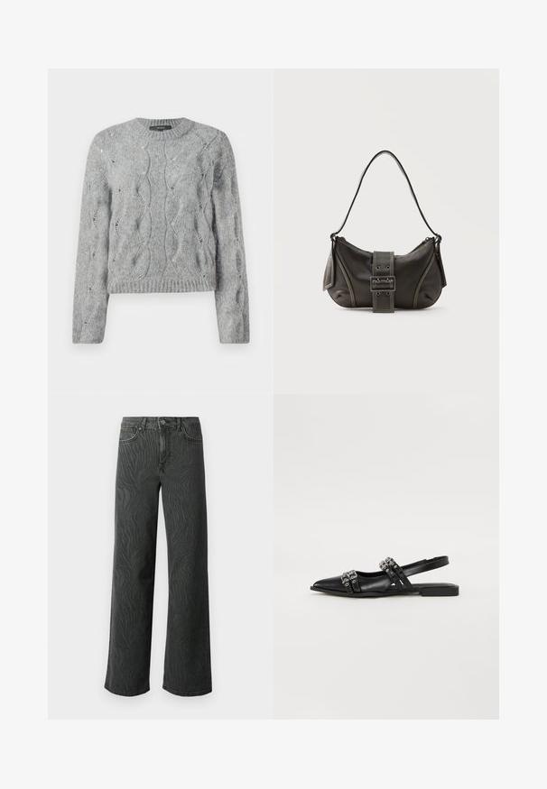 Pull à manches longues en tricot torsadé gris, avec un col rond et des bords côtes à l'encolure et aux manches, présenté sur fond blanc.; Jeans évasés en denim gris foncé, présentant une texture subtile à motif zèbre, des coutures contrastées, et un design à cinq poches avec un zip à bouton.; Even&Odd by Zalando Ballerines à brides arrière - black; Sac à épaule en cuir noir avec une sangle à boucle, des bords arrondis et des coutures blanches contrastées sur un fond uni.