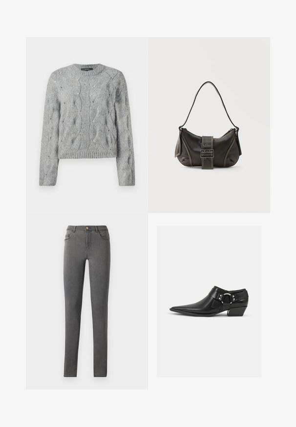 Pull à manches longues en tricot torsadé gris, avec un col rond et des bords côtes à l'encolure et aux manches, présenté sur fond blanc.; Jean skinny en denim gris avec une coupe ajustée, style cinq poches et une fermeture à bouton métallique unique au niveau de la taille.; Bottines en cuir noir avec un bout pointu, présentant une sangle en cuir à l'avant et un détail de boucle en argent, ainsi qu'un petit talon carré.; Sac à épaule en cuir noir avec une sangle à boucle, des bords arrondis et des coutures blanches contrastées sur un fond uni.